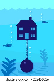 A vector illustration of a house held underwater by a ball and chain. A metaphor on house debt.