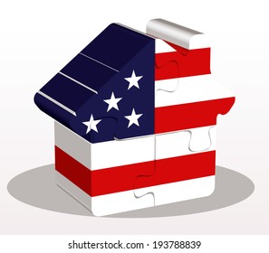 Vector illustration of house home icon with USA flag in puzzle isolated on white background