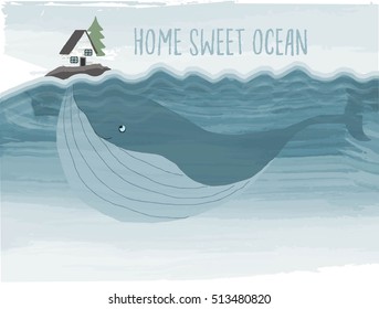 Vector illustration of house and huge whale. Creative poster concept. 