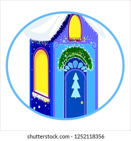 Vector illustration. House with icicles. Christmas lights. House in a circle.