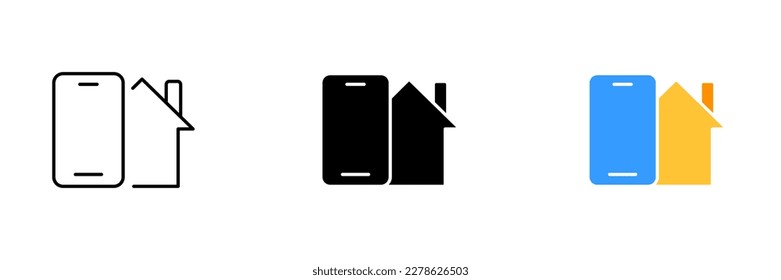 Ilustración vectorial de un icono de casa y un icono de teléfono móvil con pantalla táctil. Conjunto vectorial de iconos en línea, de color y negro aislados.
