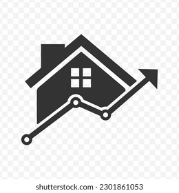 Vector illustration of house increase icon in dark color and transparent background().