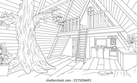 Vector illustration, house interior with second light with tree inside the house, book coloring