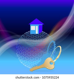 vector illustration of a house and a key on an abstract background, banner