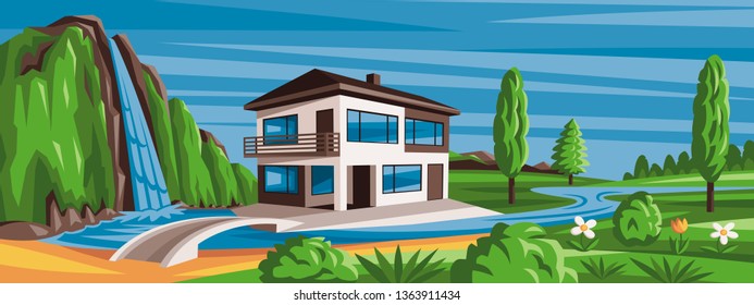 Vector illustration, house landscape. Nature background, waterfall, river, mountains and forest.