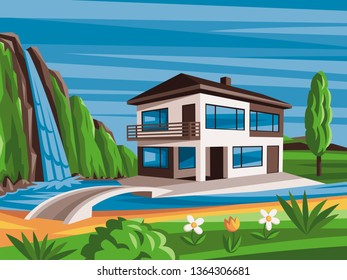 Vector illustration, house landscape. Nature background, waterfall, river, mountains and forest.