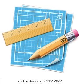 Vector illustration of house layout planning concept with architecture house plan, wooden ruler and sharpened yellow pencil over it
