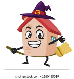 vector illustration of house mascot or character wearing witch costume and ride flying broom