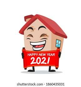 vector illustration of house mascot or character holding red scroll and say happy new year