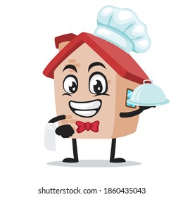 vector illustration of house mascot or character wearing chef hat and serve food