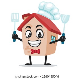 vector illustration of house mascot or character wearing chef hat and holding spatula