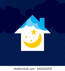 Vector illustration of a house with a month and stars. Comfort and tranquility in the background of clouds and cloudy weather. Night sky Flat design