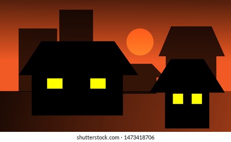 Vector illustration of house and moon background at night