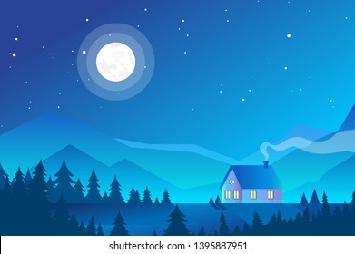 Vector illustration of house in mountains, forest landscape in the night with neon light. Geometric flat illustration with neon gradient. Mountains night landscape.