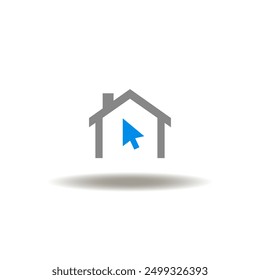 Vector illustration of house and mouse pointer. Icon of  online house work, freelance. Symbol of EMR EHR Electronic Medical or Health Record.