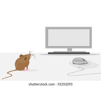 vector illustration of a house mouse sitting by a computer mouse looking up at a monitor screen