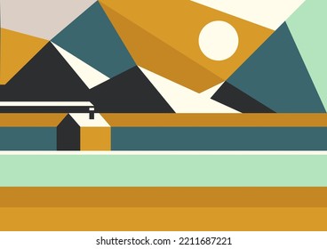 Vector illustration of a house on a background of mountains in a mosaic style in retro colors. Minimal style.