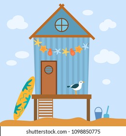 vector illustration of a house on the beach with a seagull on a blue background with clouds