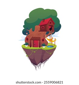 Vector illustration of a house on a green oak tree on a fabulous flying island. A treehouse with windows, a chimney, a rope ladder, a hammock and a swimming pool