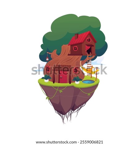 Vector illustration of a house on a green oak tree on a fabulous flying island. A treehouse with windows, a chimney, a rope ladder, a hammock and a swimming pool