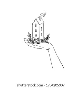  Vector illustration of house on the hand with beautiful twigs. Line graphic.