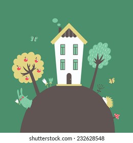 Vector illustration of house on a hill. Housewarming card