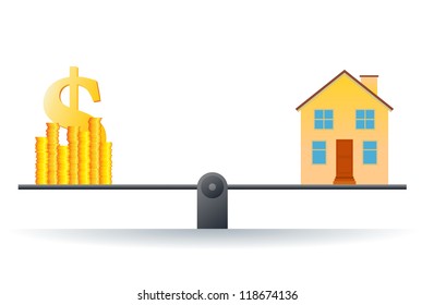 Vector illustration of a house on a scale with heaps of gold dollar coins.