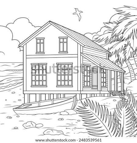 Vector illustration, house on the seaside, book coloring.