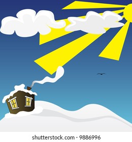 Vector illustration of house on snowy landscape
