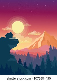 Vector illustration of house on top of mountain with beautiful sunset in mountains landscape on background, sun and clouds in sky in flat style.