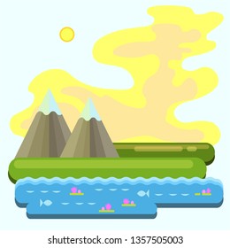 Vector illustration of house on top of mountain with beautiful sunset in mountains landscape on background, sun and clouds in sky in flat style