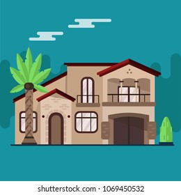 Vector illustration of a house on a turquoise background with a palm tree