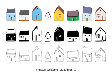 Vector illustration of a house on a white background. Sweet home. Icons for cottages, townhouses, villas, houses, buildings. A hand drawn house. The project of the building. Drawing of the house. Logo