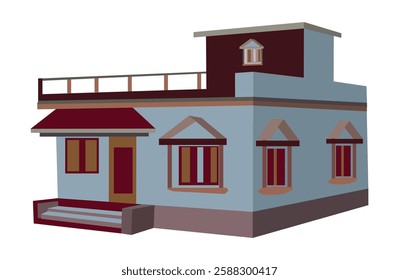 Vector illustration of a house on a white background. A small blue house with a red roof. The house has a balcony and a porch. 