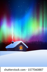 Vector illustration of house on winter night landscape and colorful aurora borealis skies background.