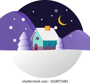 Vector illustration. House on a winter night with a month in the sky and snowfall on the background of the mountains.