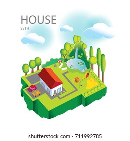 Vector illustration of house on your lawn with a Seating area for adults and a Playground for children, two cars and a pond with a waterfall