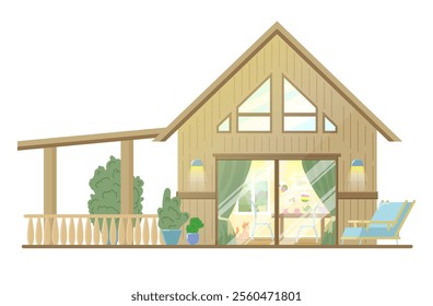 Vector illustration of a house outside on a white background. Private country one-story house with a panoramic window and a terrace. construction of a wooden house. table with two cups and cat in room