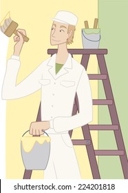 Vector illustration of a house painter in action holding a brush while painting the interior of a house.