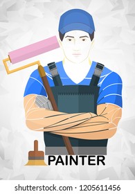 Vector illustration of a house painter in uniform with a roller brush and paint bucket, arms crossed. Flat style isolated character on a polygonal background.