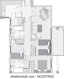 Vector illustration. House plan with sketched furniture and distribution.