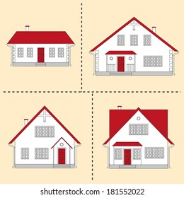 Vector illustration. House projects in white, red, grey colors on a yellow background. Vector houses: cottage and two-storey houses. Real estate. Residential property.