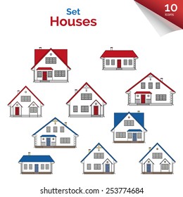 Vector illustration. House projects in white, red, grey and blue colors. Vector houses: cottage and two-storey houses. Real estate. Residential property. Vector set of flat icons of houses.