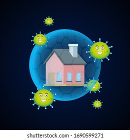 ilustración vectorial de una casa protegida contra virus, Permanecer en casa, Trabajo desde casa, Campaña social a distancia, Prevención del Coronavirus para reducir el riesgo de infección y difundir el virus. El concepto 