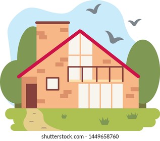 A vector illustration of a house with a red roof, holiday mansion, cottage, hotel, guest house. Facades of real estate, house brick, landscape, and vegetation. building for rent or sale