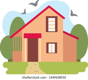 A vector illustration of a house with a red roof, holiday mansion, cottage, hotel, guest house. Facades of real estate, house brick, landscape, and vegetation. building for rent or sale