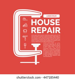 Vector illustration of house repair with a set of tools and a clamp in flat linear style on red background. ideal for shop advertising, website design, poster, leaflets