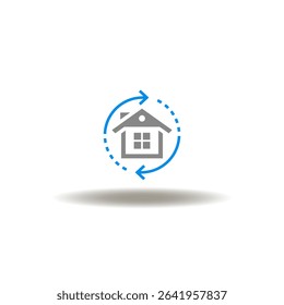 Vector illustration of house and round arrows processing. Symbol of migration. Icon of new home. Sign of construction building, renovation.