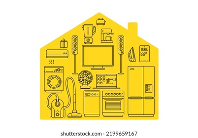 Vector illustration of house shape with black color different appliance on yellow background. Line art style design home appliance collection for web, site, banner, print, poster