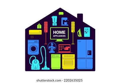 Vector illustration of house shape with color different appliance on white background. Line art style design home appliance collection for web, site, banner, print, poster